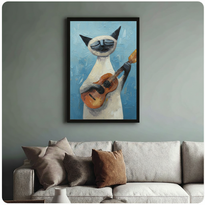 Framed cubist style oil painting Siamese cat standing upright playing acoustic guitar with eyes closed in musical bliss thick impasto brushstrokes on vibrant sky blue textured background canvas print on sage blue-grey wall above cream boucle sofa with mixed linen and caramel throw pillows - expressive Siamese cat guitar player blue wall art for stylish mid-century living room decor