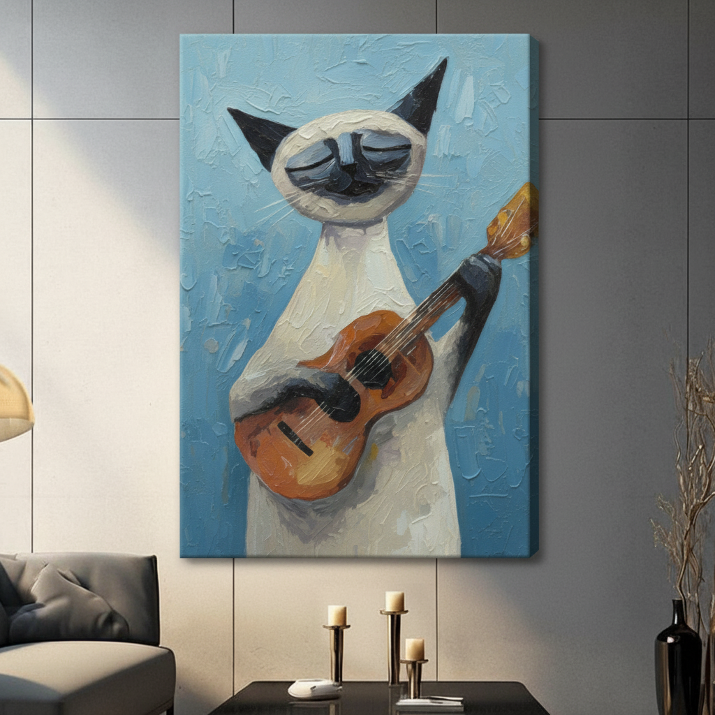 Unframed cubist style oil painting cream and dark point Siamese cat holding warm honey brown acoustic guitar with elongated neck raised upward eyes serenely closed against layered cerulean blue impasto background canvas print on light grey tile wall in contemporary living room with charcoal sofa and pillar candles - bold Siamese cat guitar music blue wall art for modern interior decor
