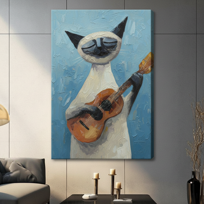 Unframed cubist style oil painting cream and dark point Siamese cat holding warm honey brown acoustic guitar with elongated neck raised upward eyes serenely closed against layered cerulean blue impasto background canvas print on light grey tile wall in contemporary living room with charcoal sofa and pillar candles - bold Siamese cat guitar music blue wall art for modern interior decor