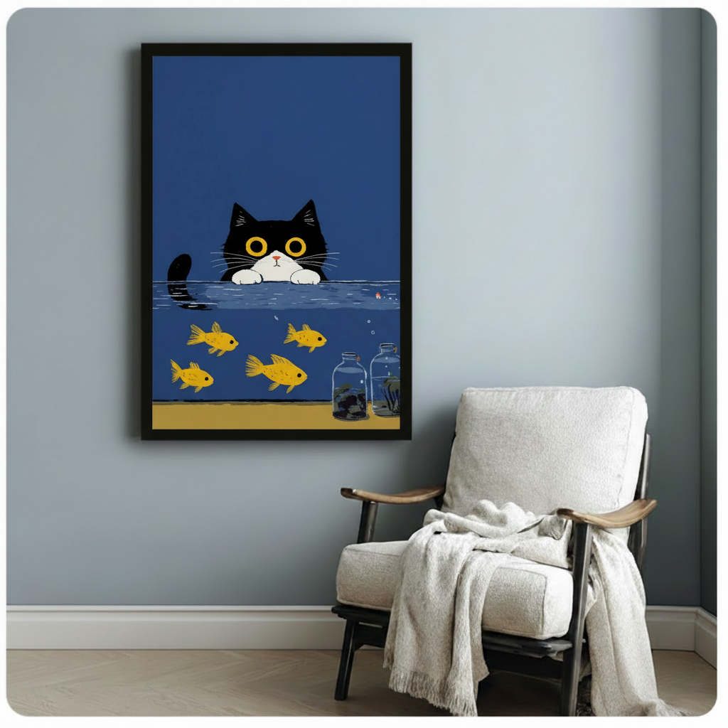 Curious black cat goldfish tank peeping framed poster art on blue grey wall beside white linen armchair
