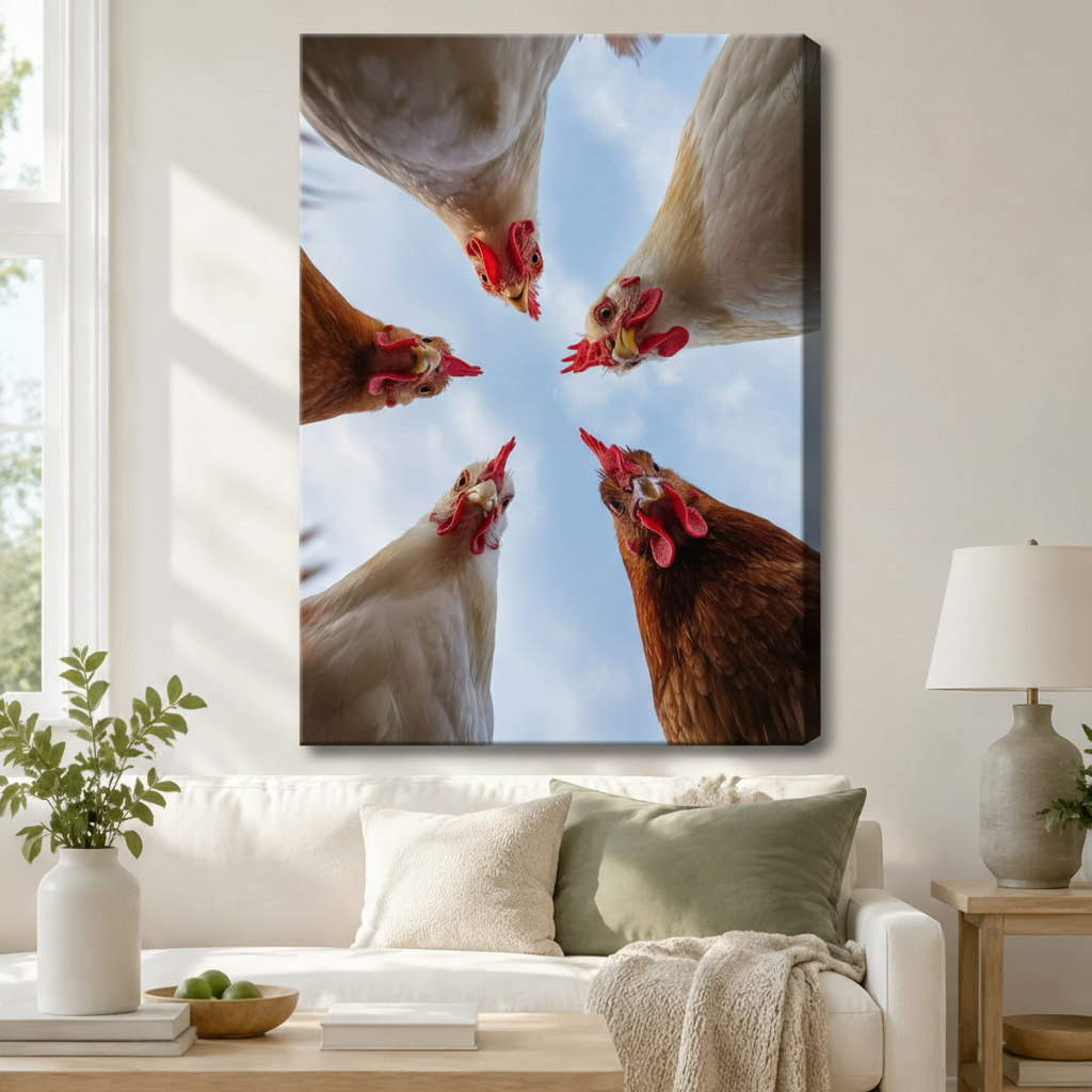 Gallery wrap canvas art featuring a playful low-angle photo of five white and brown chickens with vivid red combs crowding together and staring down from a blue sky background, hung above a white sofa in a warm modern living room