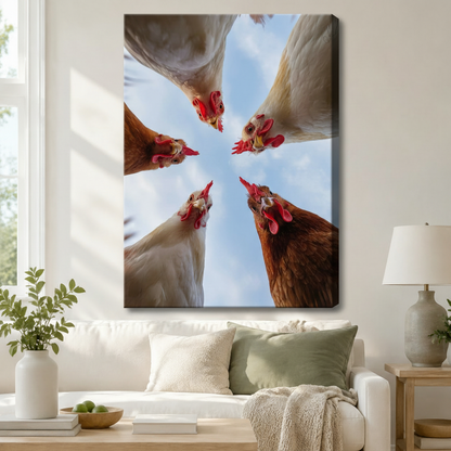 Gallery wrap canvas art featuring a playful low-angle photo of five white and brown chickens with vivid red combs crowding together and staring down from a blue sky background, hung above a white sofa in a warm modern living room