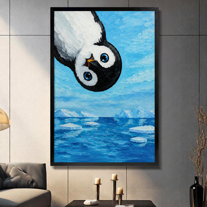 Framed curious penguin oil painting wall art with Antarctic iceberg scene, displayed in black frame on dark gray wall above console table