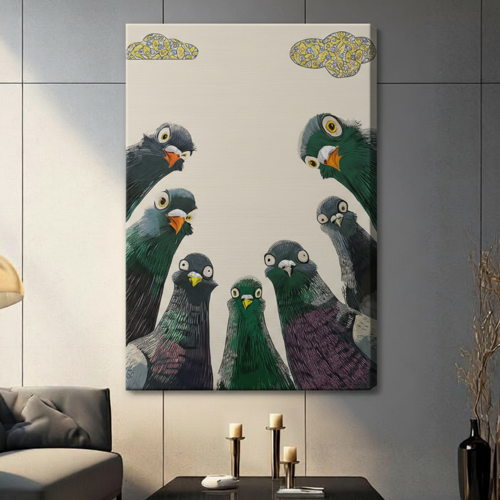 Stretched canvas wall art featuring a flock of seven curious wide-eyed pigeons gazing upward beneath whimsical yellow patterned clouds, hung in a contemporary living room with dark accent furniture