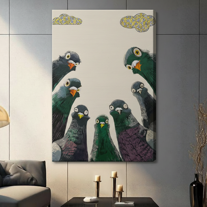 Stretched canvas wall art featuring a flock of seven curious wide-eyed pigeons gazing upward beneath whimsical yellow patterned clouds, hung in a contemporary living room with dark accent furniture