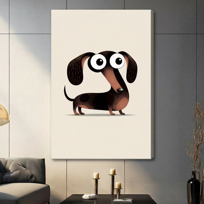 Stretched canvas wall art of an adorable cartoon dachshund with huge expressive eyes, droopy ears, and a stretched-out body in a playful illustration style on a soft cream background, hung on a light gray tile wall beside a modern gray sofa with candlestick decor