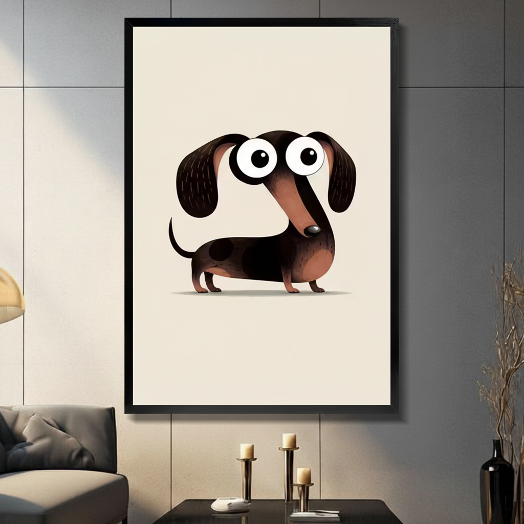 Black framed cute big-eyed cartoon dachshund canvas art with a charming brown and black wiener dog featuring oversized round eyes, floppy ears, and a long body on a clean cream background, displayed on a light gray tile wall above a black table with candlesticks beside a gray sofa