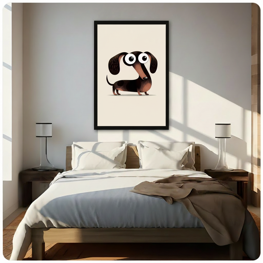 Black framed cute big-eyed cartoon dachshund canvas art with a charming brown and black wiener dog featuring huge round eyes, floppy ears, and a stretched body on a cream background, hung above a wooden bed frame in a sun-drenched minimalist bedroom with crisp white linen bedding and matching cylindrical nightstand lamps