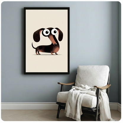 Black framed whimsical big-eyed dachshund canvas art showing a funny brown and black wiener dog with wide cartoon eyes and long floppy ears standing on a cream background, displayed on a soft blue-gray wall beside a light upholstered wooden armchair draped with a cream knit throw blanket