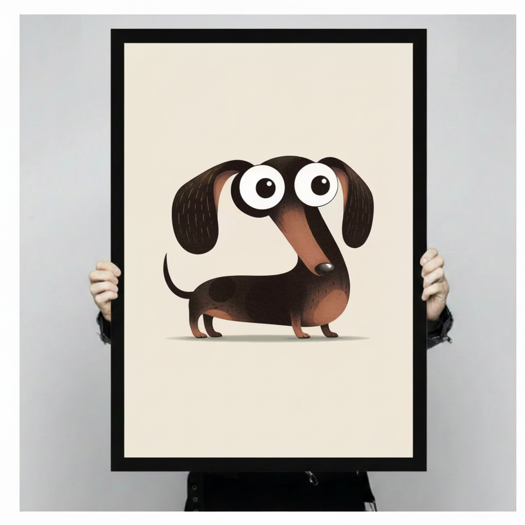 Person holding a large vertical black framed cute big-eyed cartoon dachshund canvas art print showing a lovable brown and black wiener dog with oversized round eyes, droopy ears, and a long body on a clean cream background in a light gray studio setting