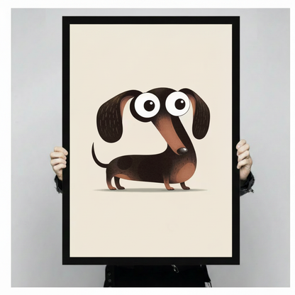 Person holding a large vertical black framed cute big-eyed cartoon dachshund canvas art print showing a lovable brown and black wiener dog with oversized round eyes, droopy ears, and a long body on a clean cream background in a light gray studio setting