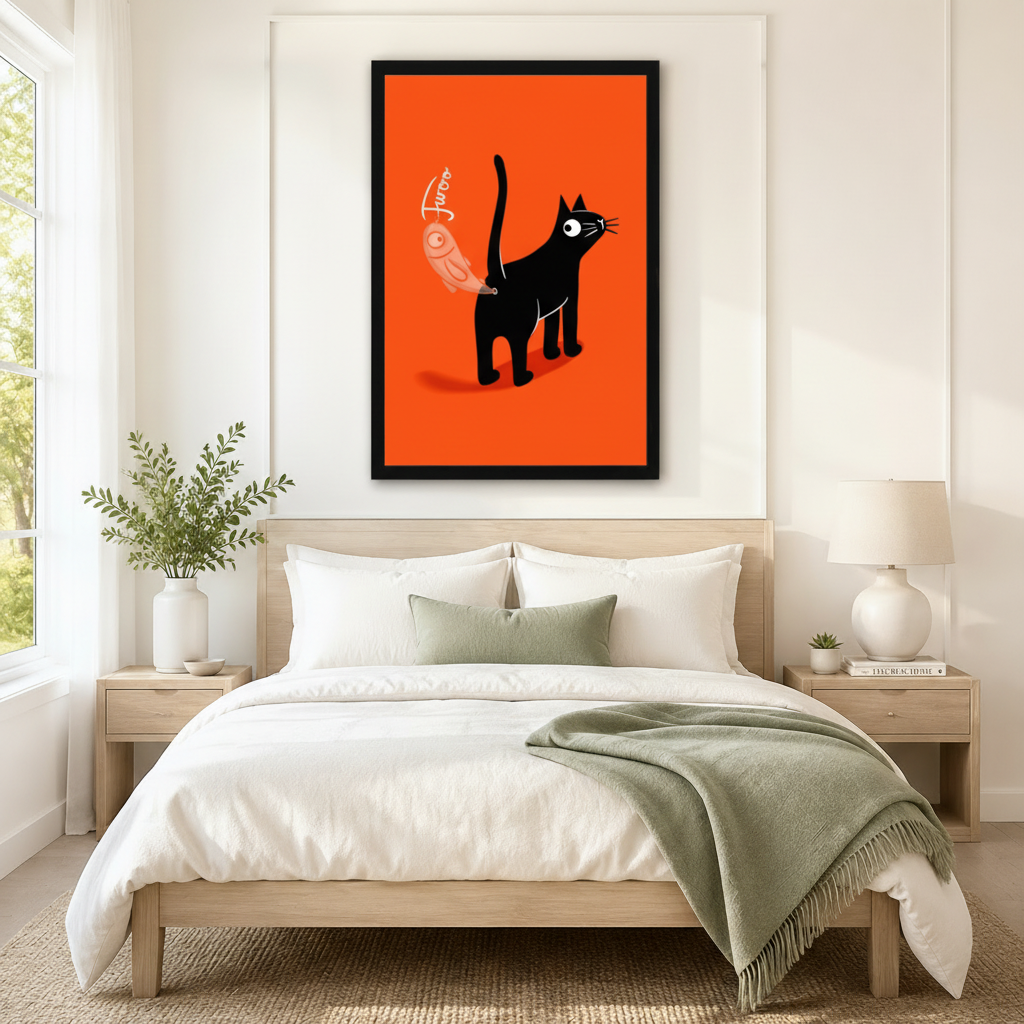 Black framed playful cartoon black cat holding a bird toy canvas art featuring a wide-eyed black cat with a raised tail swinging a plump pink-orange bird on a string beside the hand-lettered Twoo on a vivid orange-red background, displayed above a light wooden bed with white linen bedding, a sage green throw pillow, matching round nightstand lamps, and a white vase of greenery in a bright minimalist bedroom