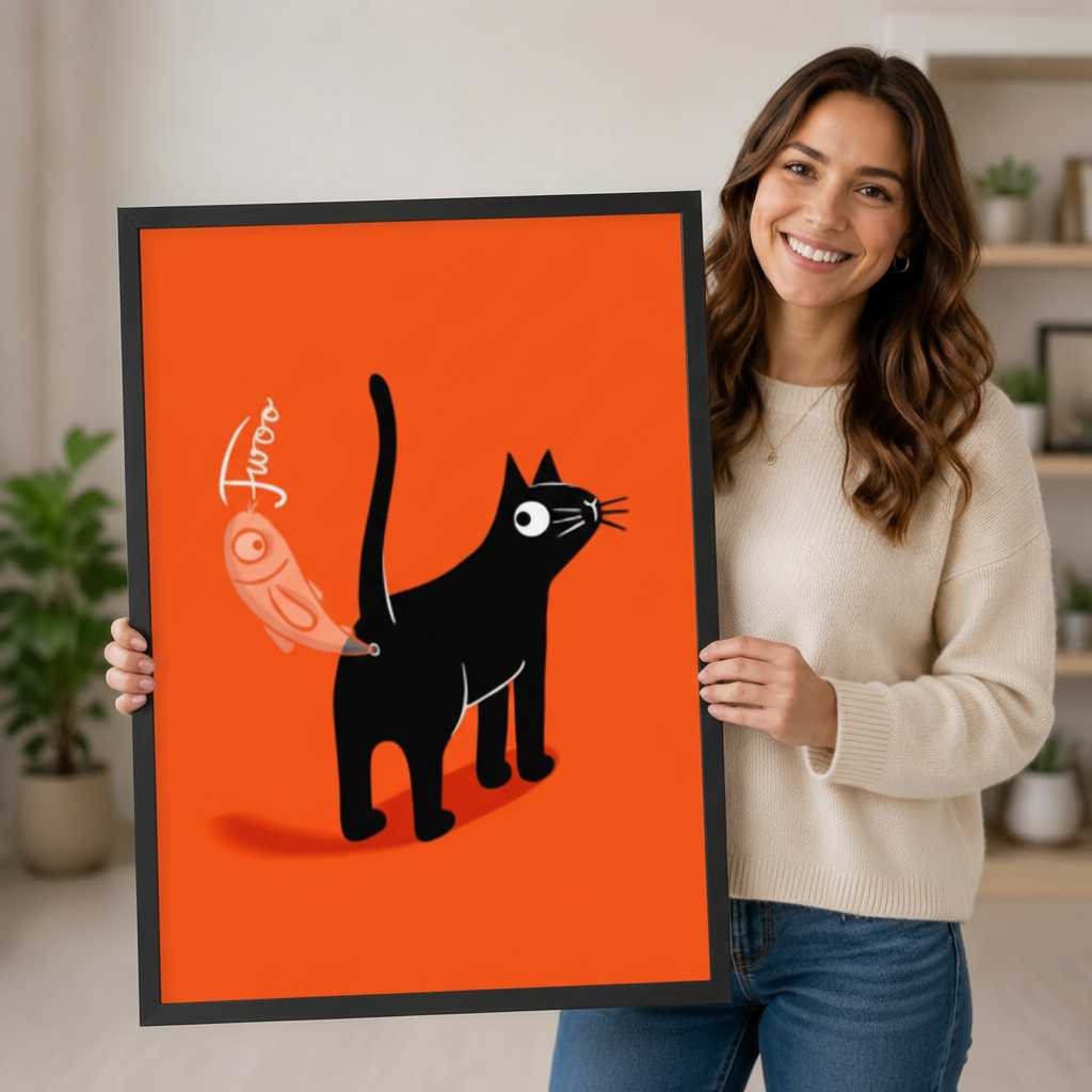Black framed cute cartoon black cat with bird toy canvas art with a round-eyed black cat dangling a chubby orange bird toy on a string with the script word Twoo on a bright orange-red background, hung above a wooden bed frame in a sun-drenched bedroom with crisp white linen bedding, a sage green accent pillow, a round white nightstand lamp, and a white ceramic vase of greenery
