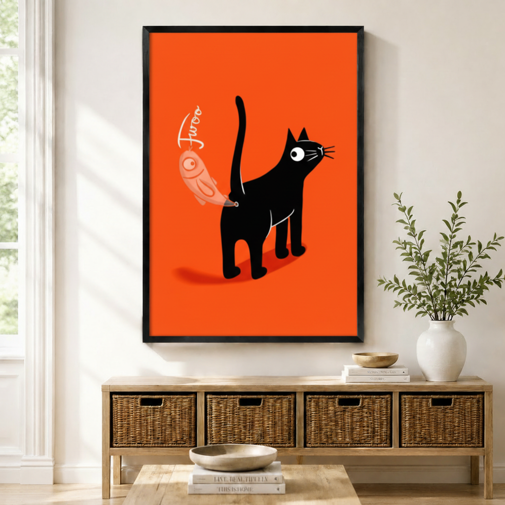 Black framed cute cartoon black cat with bird toy canvas art with a round-eyed black cat holding a string with a chubby pink-orange bird toy and the hand-lettered word Twoo on a vivid orange-red background, displayed on a white wall above a wooden rattan storage bench with a white ceramic vase of greenery and stacked books on the floor