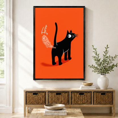 Black framed cute cartoon black cat with bird toy canvas art with a round-eyed black cat holding a string with a chubby pink-orange bird toy and the hand-lettered word Twoo on a vivid orange-red background, displayed on a white wall above a wooden rattan storage bench with a white ceramic vase of greenery and stacked books on the floor