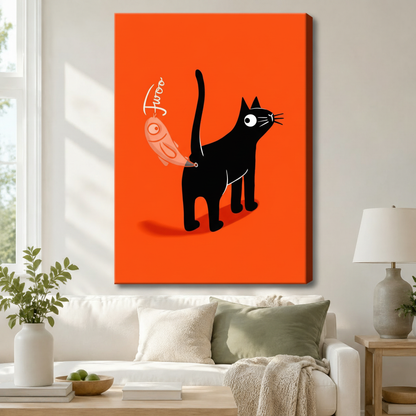 Black framed whimsical black cat with bird toy canvas art showing a side-profile cartoon black cat with a curled tail holding a string attached to a round pink-orange bird toy beside the hand-written word Twoo on a vivid orange background, displayed on a white wall beside a white wooden armchair with a cream throw and a round wood side table with books
