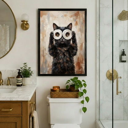 Black framed cute black cat peering through toilet paper rolls art print above toilet in luxury bathroom with gold fixtures