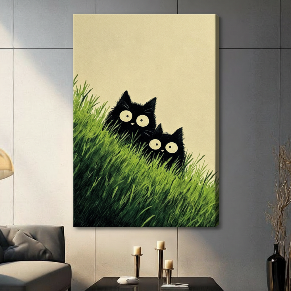 Playful pair of wide-eyed black cats hiding and peeking out from tall green grass on cream background canvas wall art print hanging in a contemporary living room with dark gray tiled wall, gray sofa, and gold arc floor lamp