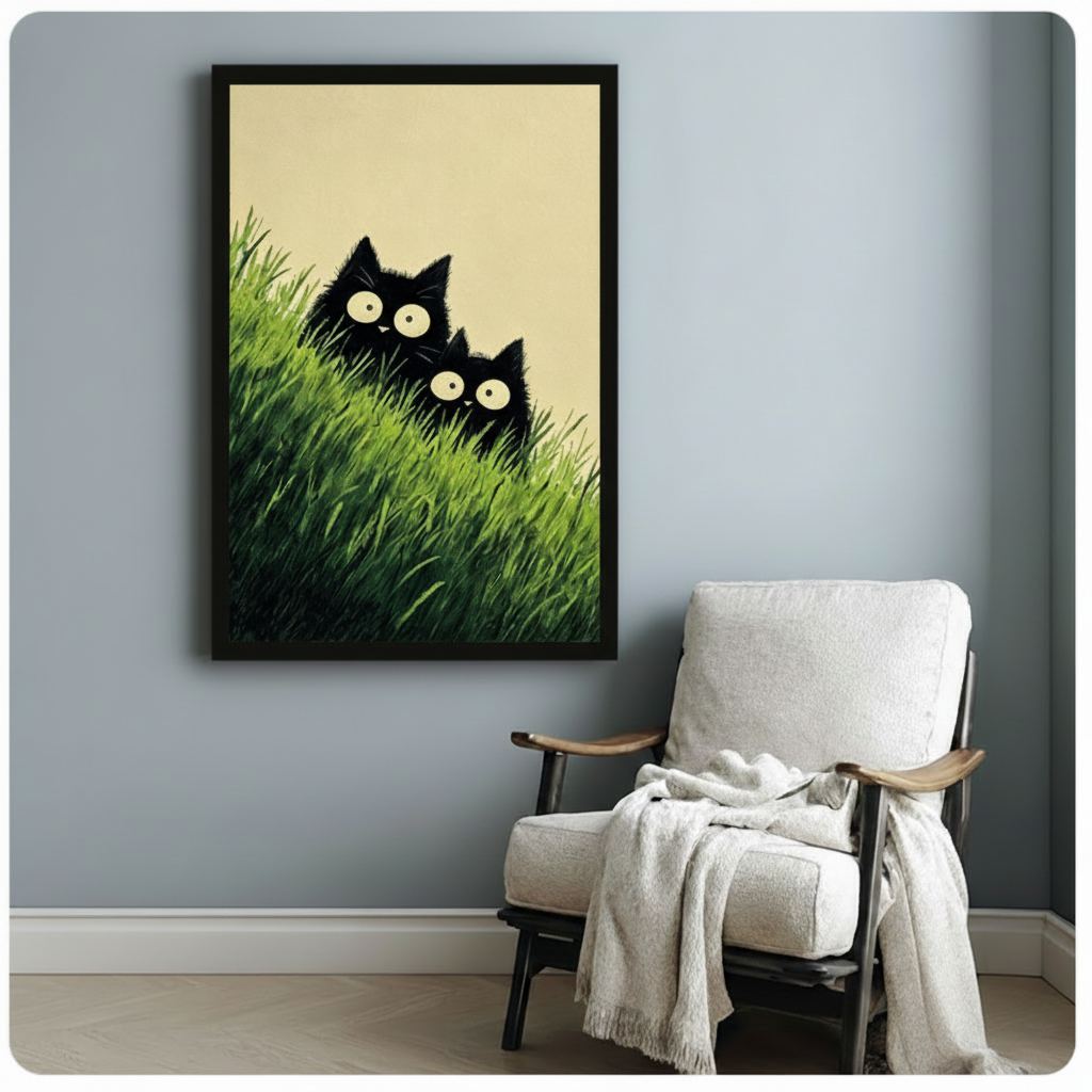 Whimsical two black cats with oversized yellow eyes peering through vibrant green grass minimalist art framed poster displayed beside a white fabric lounge chair with draped throw blanket against a soft blue-gray wall