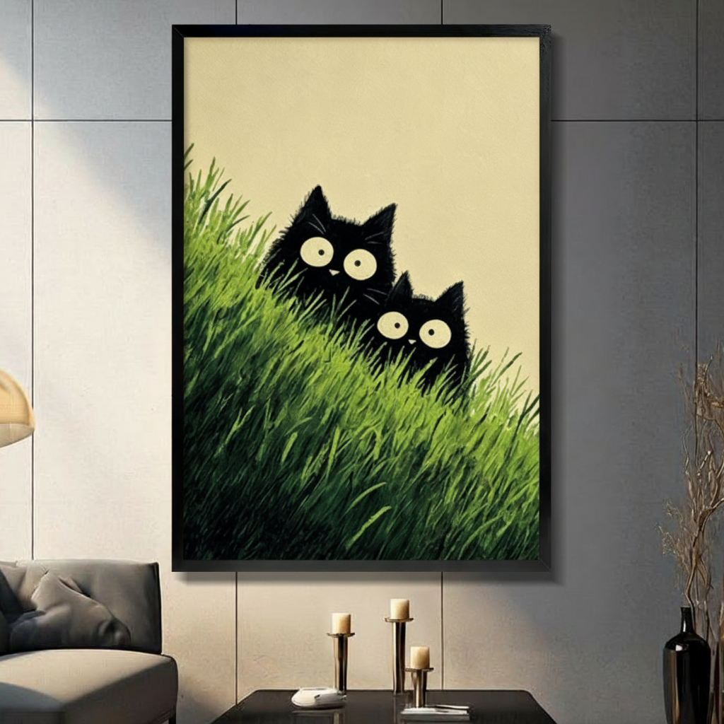 Two cute black cats with big round eyes peeking through lush green grass minimalist illustration framed wall art print displayed in a living room with gray sofa, pillar candle holders, and black decorative vase against dark gray tiled wall