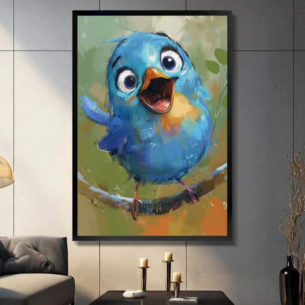 Expressive blue bird with wide eyes and open beak, oil painting style framed canvas wall art in black frame hung on grey tile wall in modern living room
