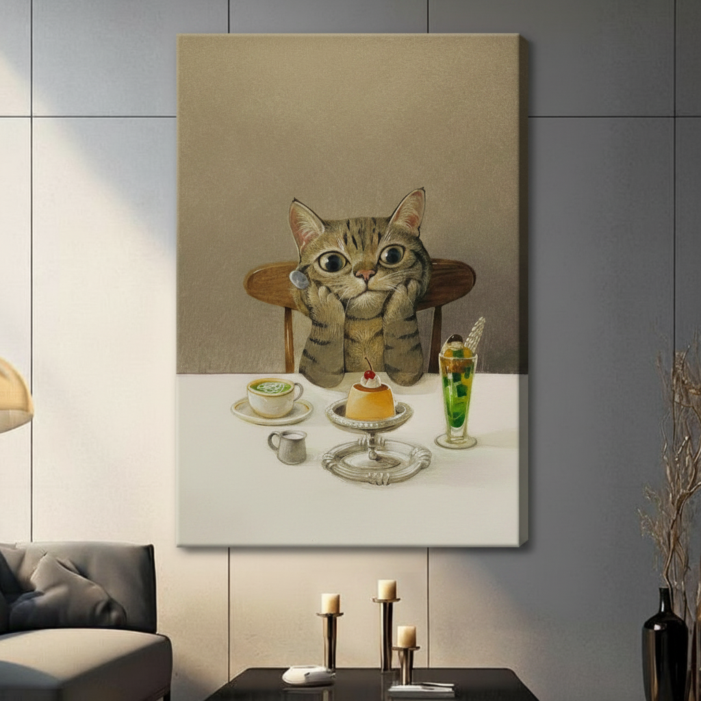 Cute wide-eyed cat resting chin on paws at dessert table with cream soda, stretched canvas wall art displayed in modern living room