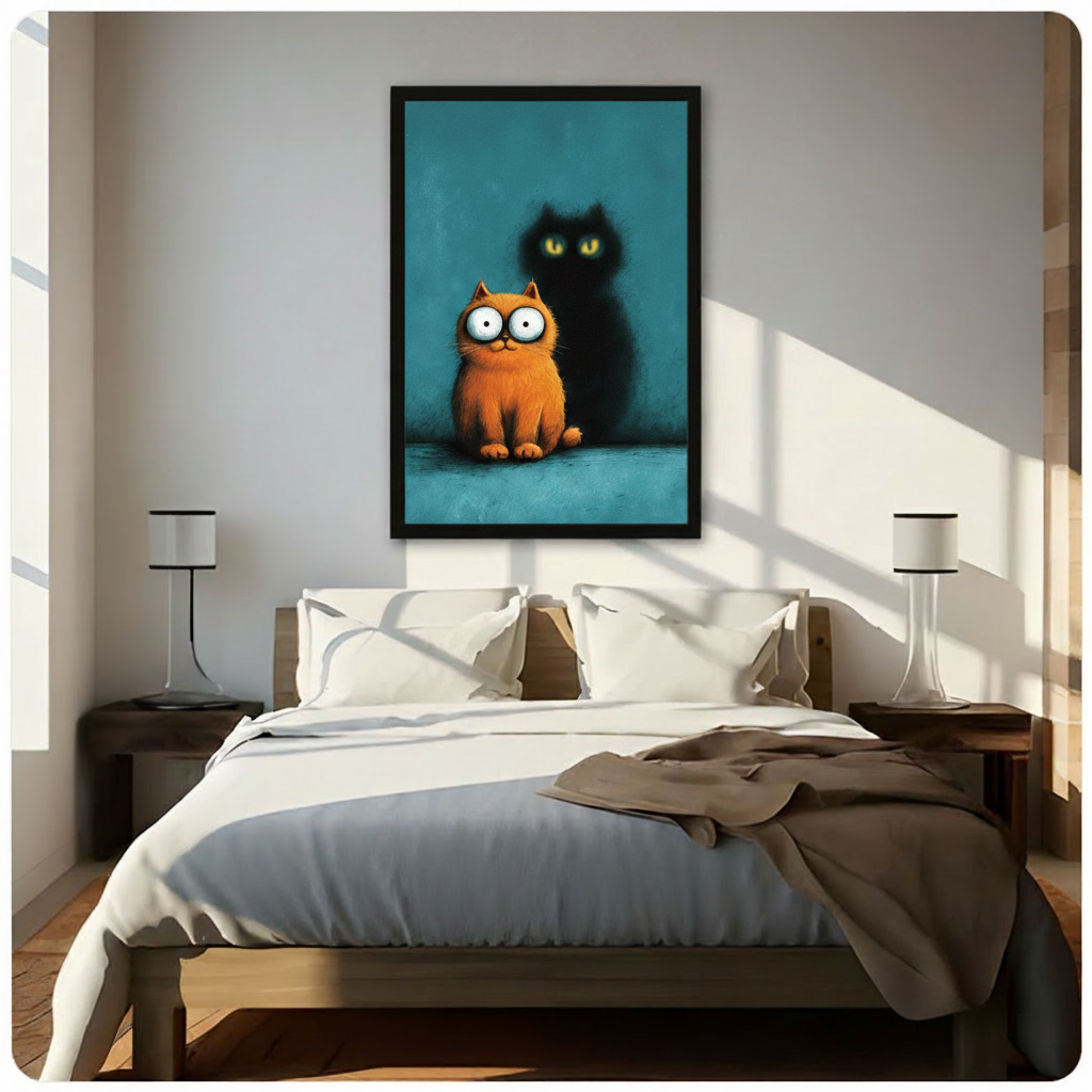 Bedroom wall art featuring an adorable orange cat with large round eyes and a mysterious glowing-eyed shadow cat, displayed above a bed