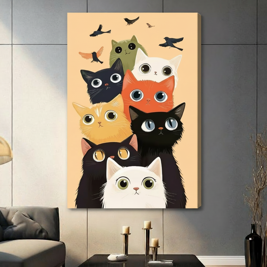 Whimsical colorful cartoon cats and birds gallery wrapped canvas print hung on a dark gray wall in a modern living room with gray sofa and candlestick decor