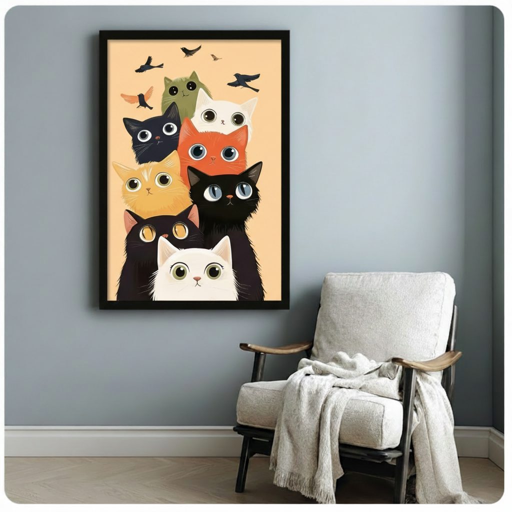 Playful multi-cat illustration with flying birds in black frame on a light blue-gray wall beside a white linen armchair with a draped cream throw blanket