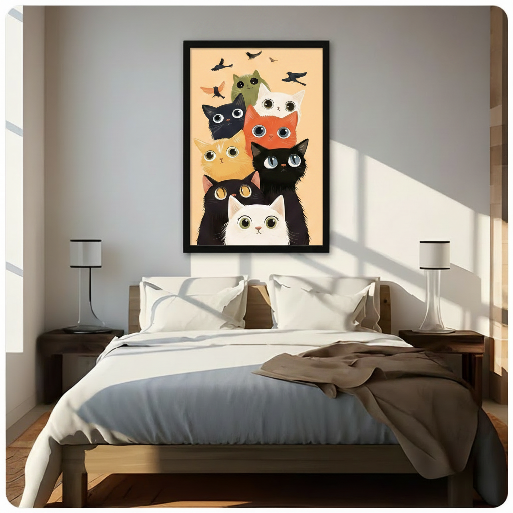 Cute cartoon cat group and birds framed poster above a wooden bed with white linen bedding, a taupe throw blanket, white bedside lamps in a bright modern bedroom