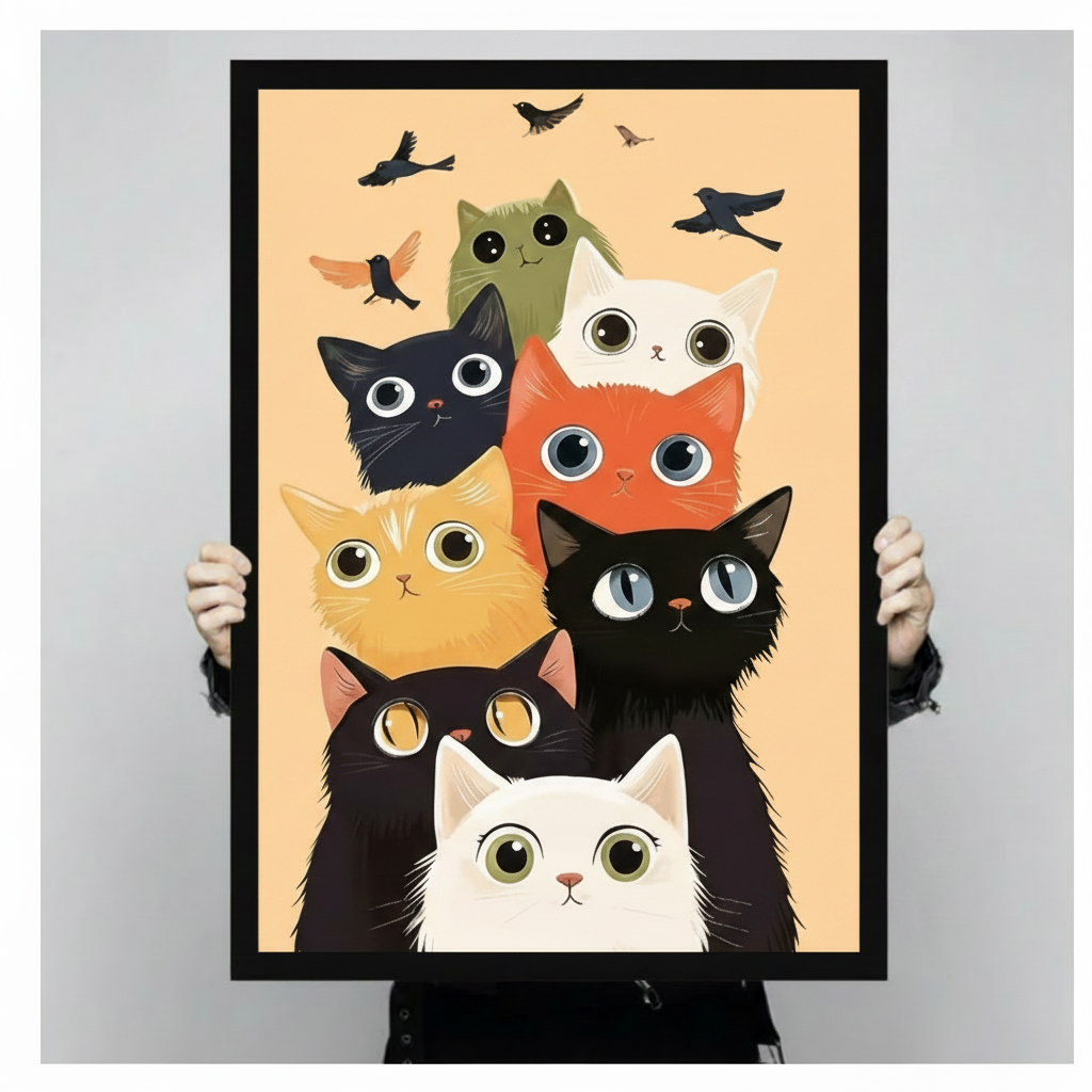 Person holding a black framed cute cats and birds cartoon art print against a light gray backdrop showing full illustration with colorful cat characters