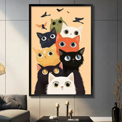 Cute cartoon cats with big eyes and flying birds framed wall art in black frame on a dark gray living room wall above a console table with candle holders and a gray sofa