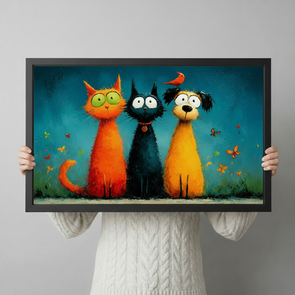 Person in white cable-knit sweater holding cute cats and dog with cardinal bird framed art print showing size reference against light grey background