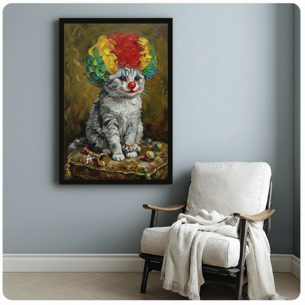 Black framed canvas of adorable clown kitten with colorful wig hung beside white accent chair in cozy reading nook, funny cat oil painting
