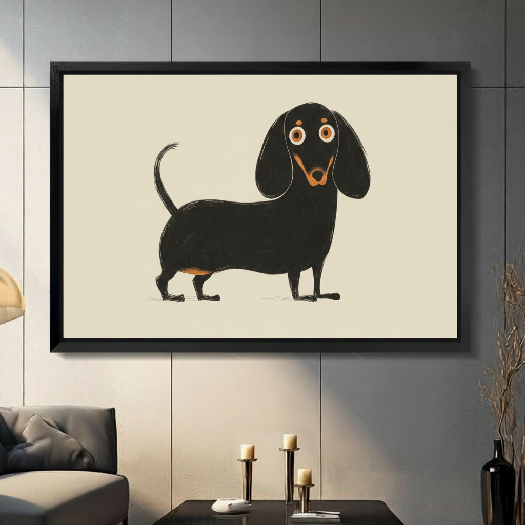 Black framed canvas wall art featuring a cute illustrated dachshund with big round eyes on a cream background, displayed in a modern gray living room with candle decor