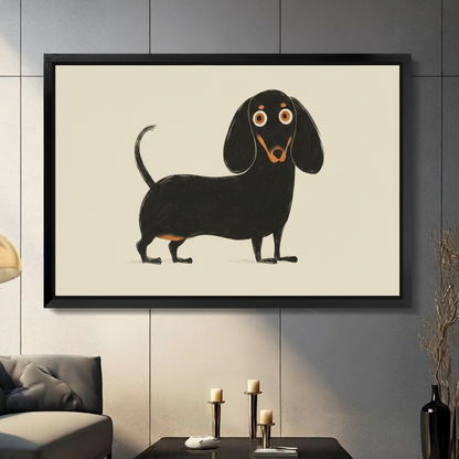 Black framed canvas wall art featuring a cute illustrated dachshund with big round eyes on a cream background, displayed in a modern gray living room with candle decor