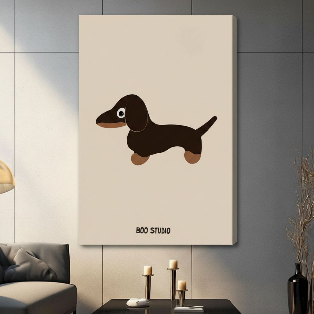 Gallery wrap stretched canvas art of a minimalist dachshund dog illustration, frameless display in a contemporary dark gray living room with candlestick decor