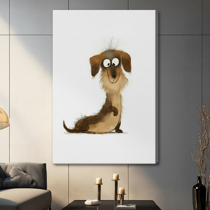 Gallery wrap canvas of funny cartoon dachshund sitting upright, adorable long dog illustration wall art for living room or dog lover home decor