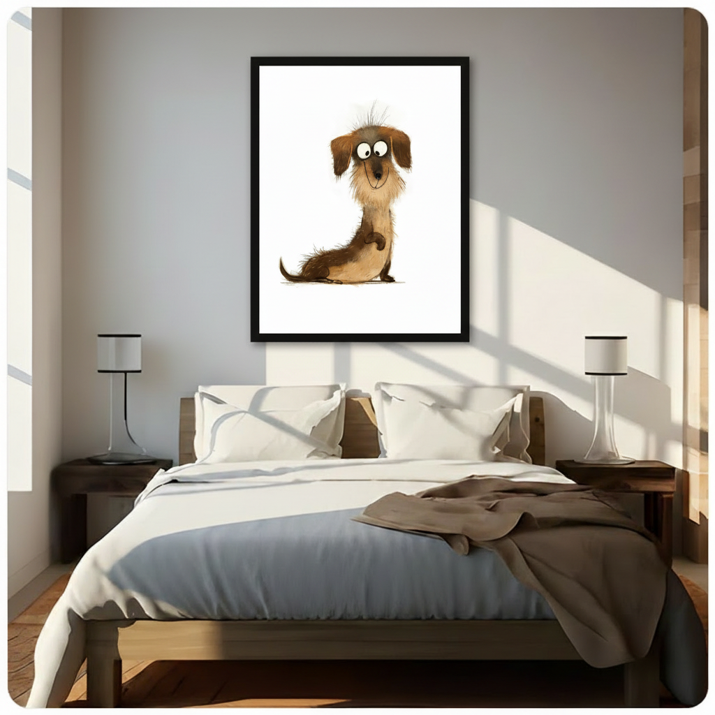Framed whimsical dachshund cartoon wall art above bed in bright minimalist bedroom, funny wiener dog print perfect as gift for dog lovers