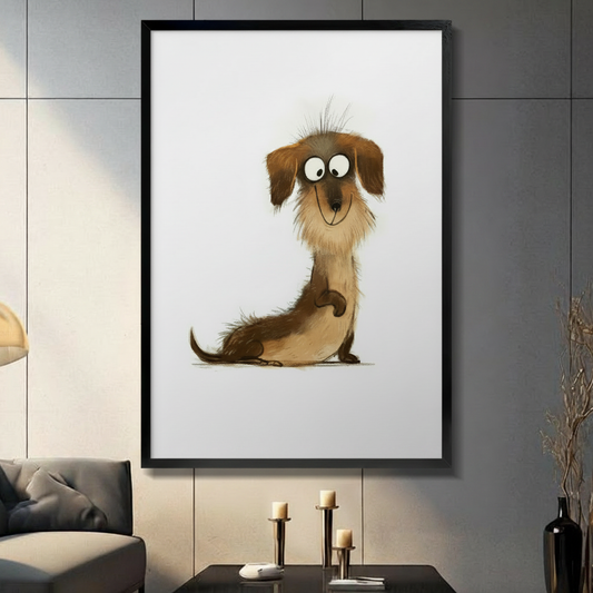 Framed cute cartoon dachshund wall art print displayed in modern living room, whimsical wiener dog illustration with big eyes on white background