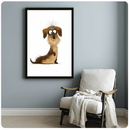 Black framed cartoon wiener dog art print on blue-gray wall beside linen armchair, charming dachshund illustration for nursery or playroom decor