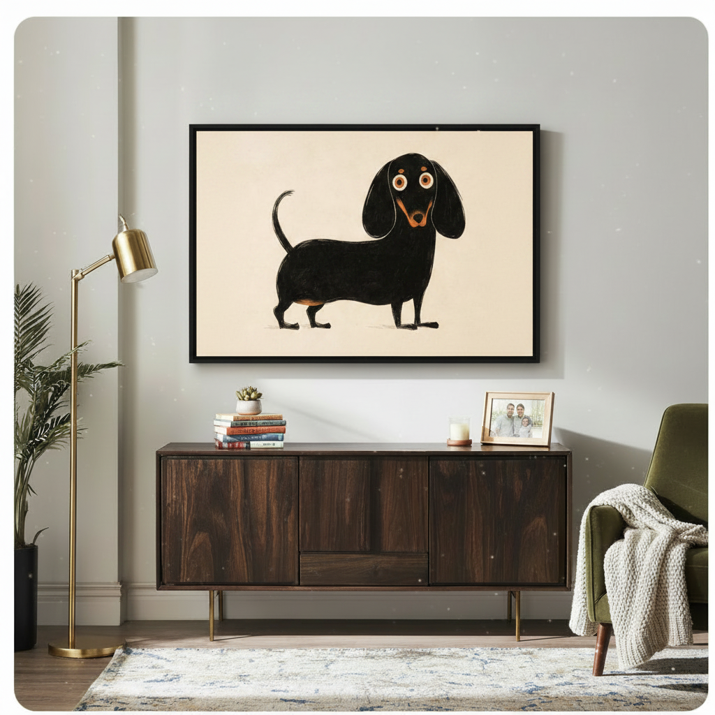 Large black framed canvas of an illustrated dachshund displayed above a dark walnut sideboard in a light gray living room with gold floor lamp and green armchair