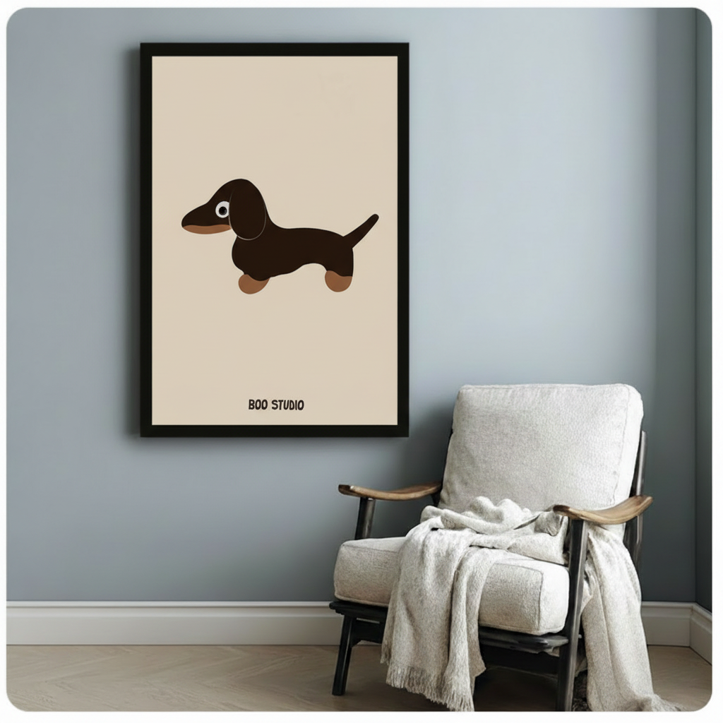 Black framed minimalist dachshund canvas print hung on a blue-gray wall beside a white linen wood folding chair with a draped cream throw blanket