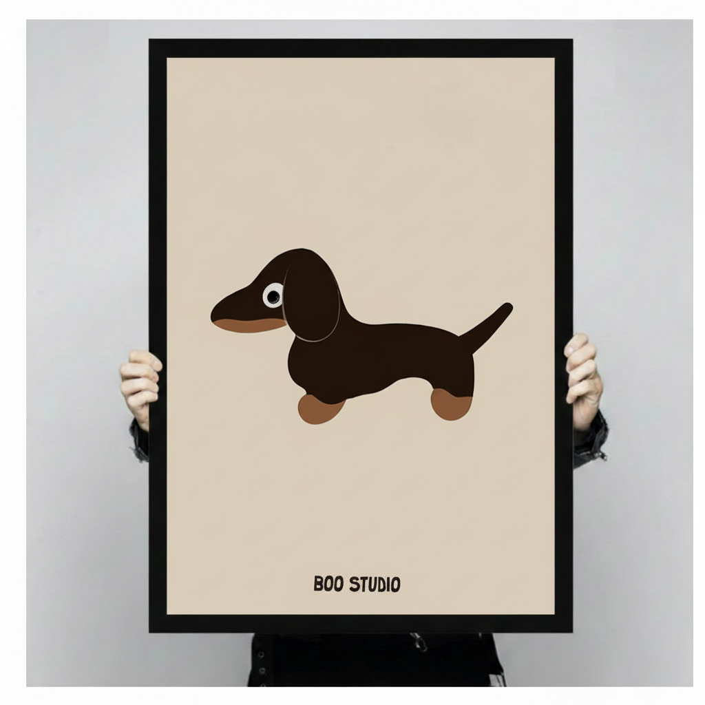 Hands holding a large black framed cute dachshund canvas art print against a neutral light gray background, front-facing product display
