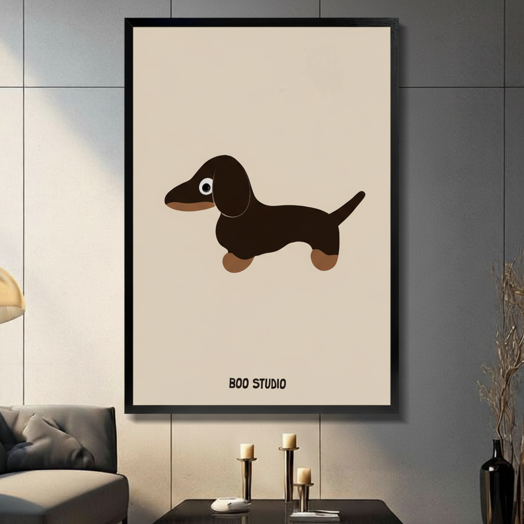Black framed canvas wall art featuring a minimalist cute dachshund illustration on beige background, displayed in a modern dark gray living room with candlesticks