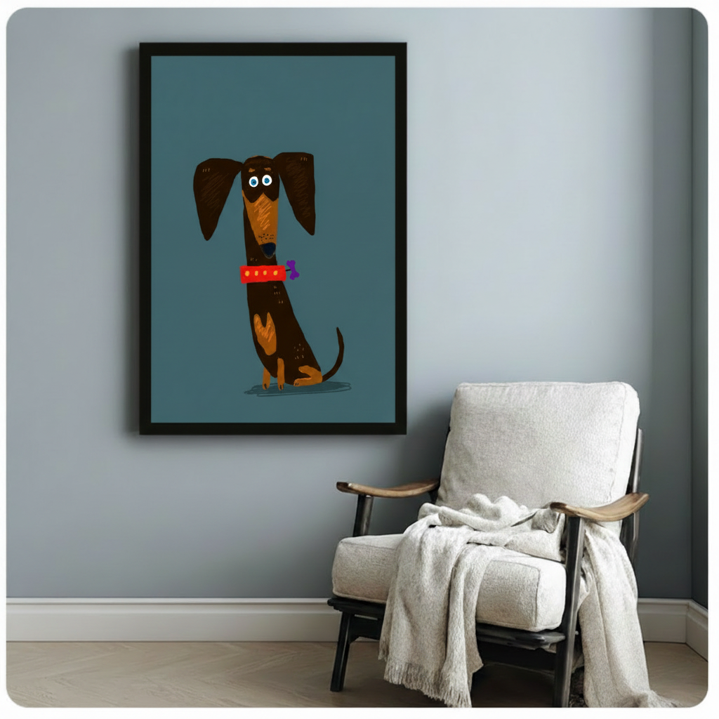 Framed cartoon dachshund wall poster with red collar and purple bone charm, displayed beside a white linen armchair in a cozy room