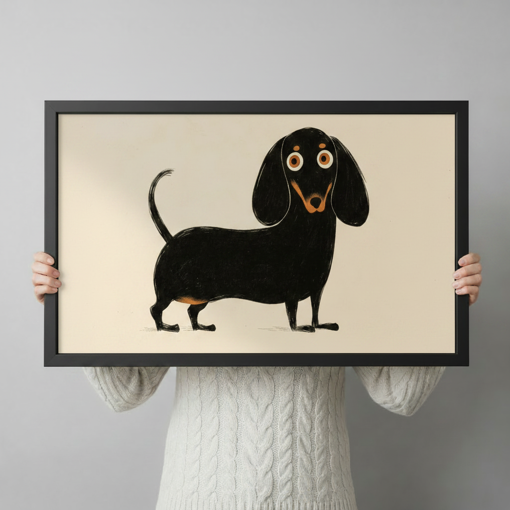 Person holding a black framed art print of a whimsical dachshund illustration with orange accents on a warm cream background, showing print size and quality