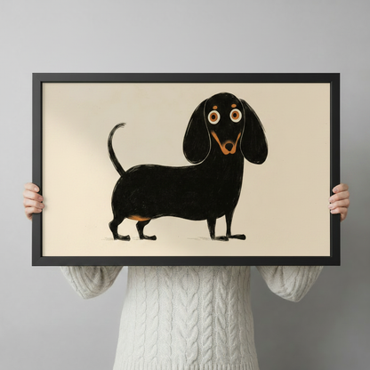 Person holding a black framed art print of a whimsical dachshund illustration with orange accents on a warm cream background, showing print size and quality