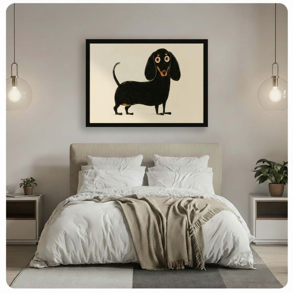 Framed dachshund canvas art hung above a bed in a minimalist neutral bedroom with white bedding, pendant lights and potted plants on nightstands