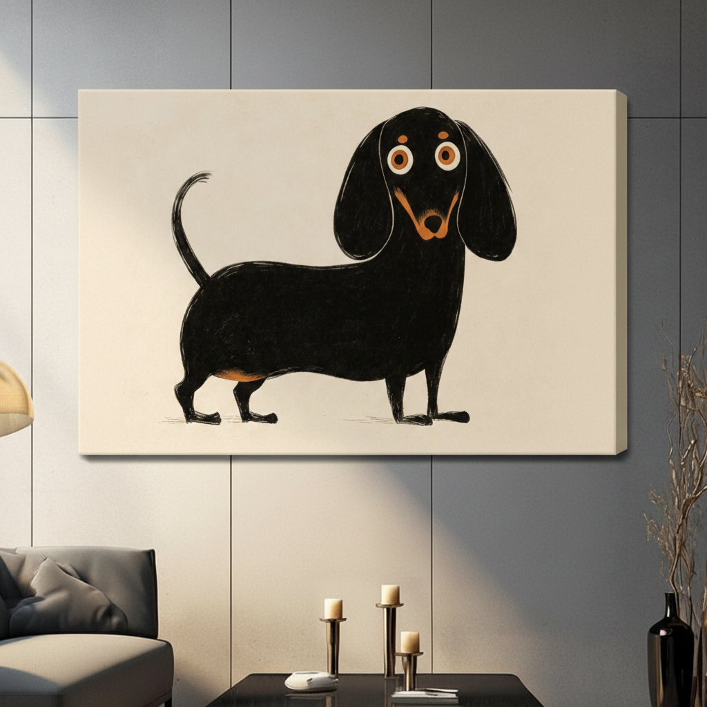 Gallery-wrapped canvas print of a charming black dachshund illustration hung on a gray paneled wall above a dark coffee table with candle holders